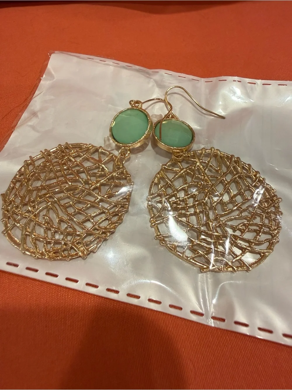 Gold Filigree Mesh Drop Earrings with Mint Green Cabochon